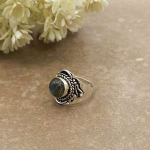 Vintage Natural <b>Labradorite</b> Bezel Setting Statement <b>Ring</b> Brass Plated Adjustable Band Antique Boho Ethnic Handmade Unisex - Product Image 3