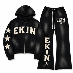 Ekin Impex OEM Custom Pearl Logo Sun Faded Vintage Streetwear Embroidery Hoodies and Waistband Sweatpants <b>Tracksuit</b> for Men - Product Image 1