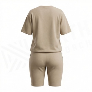 Conjunto de 2 Piezas para Mujer, Camiseta de Manga Corta de Color Sólido Tejida y Pantalones Cortos por Encima de la Rodilla, Cuello Redondo, Casual, Transpirable, de Algodón y Elastano - Product Image 2