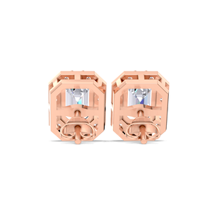 Boucles d'oreilles clous halo en diamant de laboratoire taille émeraude 1 carat, plaqué or 14K jaune, blanc, rose et rhodium, monture octogonale de luxe - Product Image 2