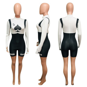 Mono de manga larga con cuello alto y estampado en blanco y negro para mujer, ropa de club ajustada de cintura alta - Product Image 1