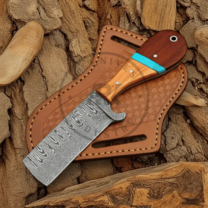 Couteau de chasse artisanal en acier Damas |   Couteau utilitaire Bull Cutter pour l'extérieur |   Couteau à lame pleine en bois de Pakka avec fourreau en cuir OEM - Product Image 1