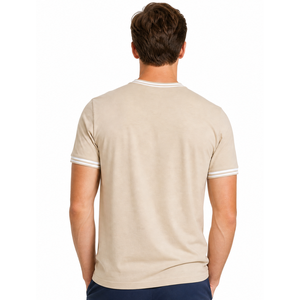 T-shirt homme col rond premium beige et blanc rayé, col côtelé, manches courtes, personnalisable, vêtement décontracté - Product Image 4