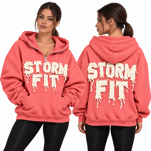 Sweat à capuche demi-zip rose clair pour femme, coupe Storm Fit, avec appliqué lettres, épaules tombantes, poche kangourou, en polaire décontractée, style streetwear, coupe-vent - Product Image 5
