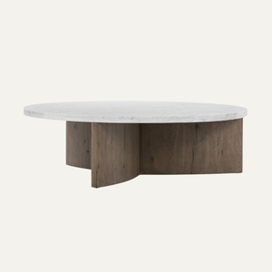 Table basse ronde de luxe en marbre avec base en bois massif – Meuble de salon moderne - Product Image 3