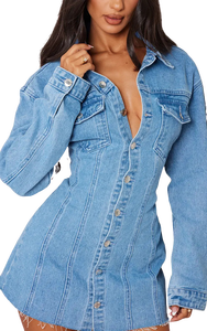 Robe chemise en jean pour femme avec logo personnalisé, coupe ample, manches longues, col rabattu, boutonnée sur le devant, en coton délavé, décontractée, pour le printemps - Product Image 3