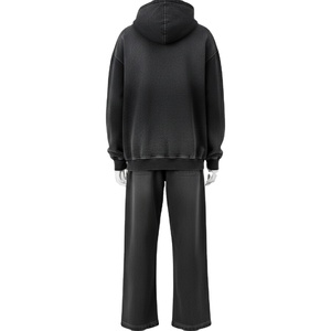 Ensemble de survêtement en molleton de coton délavé pour homme – Sweat à capuche et pantalon de couleur unie, respirant, pull chaud pour l'hiver - Product Image 6