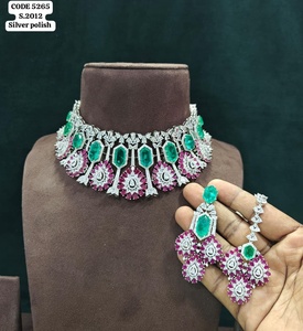 Luxury <b>Silver</b> Polish Ruby Emerald American <b>Choker</b> Necklace Set with Earrings & Maang Tikka Bridal Wedding Jewelry Set for Women - Product Image 3