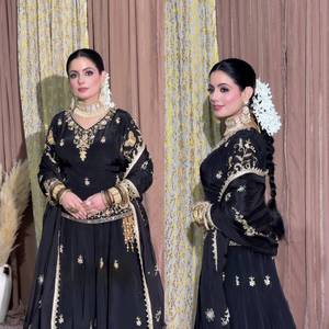Black Cotton Embroidered Indian Pakistani Set Long Sleeve <b>Top</b> Anarkali <b>Lehenga</b> Fancy Border Quick Dry Floor-Length Party Wear - Product Image 1