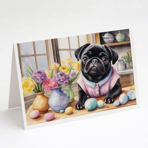 Whimsical Easter Pug Tarjetas de felicitación Paquete de 8 A7 Tamaño 5x7 Tarjetas de notas en blanco con sobres para decoraciones - Product Image 1