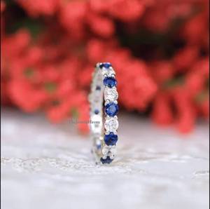 Half Full Eternity Gemstone Wedding Moissanite Blue Sapphire Eternity Band White Gold Wedding <b>Ring</b> Moissanite Band <b>Ring</b> Fine - Product Image 5