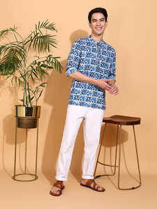 Kurta Corta Azul de Algodón para Hombre con Estampado Artesanal, Cuello Nehru, Diseño Sólido y Moderno, Mangas Largas, Prenda Étnica Global - Product Image 5