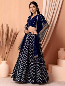 Lehenga Choli Azul Moderno, Corte en A, de Georgette Sintética, Largo hasta el Suelo, con Bordado de Lentejuelas, para Vestido Étnico de Boda para Mujer - Product Image 5
