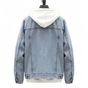 Men's Denim <b>Jacket</b> Hooded Windproof Turn-down Collar Spring Outerwear Mens Light Blue Denim <b>Trucker</b> <b>Jacket</b> with Detachable White - Product Image 2