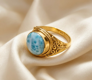 Natural Larimar Statement <b>Ring</b> <b>925</b> Sterling <b>Silver</b> Vintage Filigree Handmade Gemstone <b>Ring</b> Women Jewelry Gift for Men Unisex Her - Product Image 1