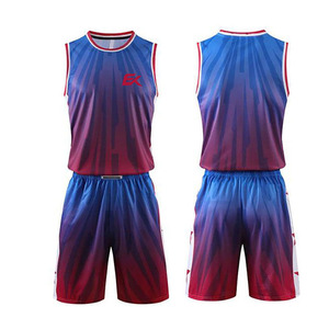 Conjunto de Uniforme de Baloncesto Sublimado Personalizado para Hombre, Camiseta sin Mangas con Pantalones Cortos, Degradado Azul Rojo, Ropa Deportiva que Absorbe la Humedad - Product Image 1