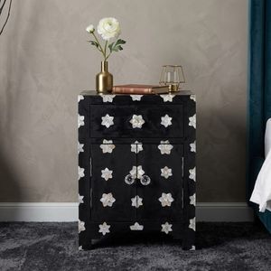 Black Floral Bone Inlay Bedside <b>Table</b> Nightstand Bedroom <b>Side</b> Cabinet Modern Accent <b>Storage</b> - Product Image 1