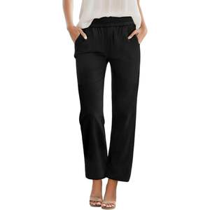 Pantalones Capri de playa de cintura alta de verano para mujer 2025, pantalones cortos de pierna recta con elástico y bolsillos para mujer - Product Image 5