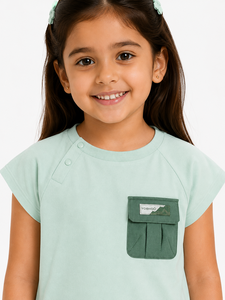 Camiseta Verde Menta con Bolsillo para Niñas, Top Informal de Algodón de Manga Corta, Camiseta Suave y Cómoda para Uso Diario, Estilo Moderno - Product Image 4