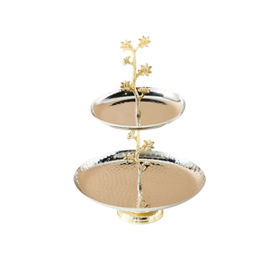Support à gâteau décoratif à 2 niveaux en métal, élégant, rond, en acier inoxydable et en laiton, avec accent feuille d'or, pour la maison et l'hôtel - Product Image 3