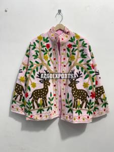 Pink Hand Embroidered <b>Sheep</b> <b>Skin</b> Velvet Breathable Mandarin Collar Full Sleeve Winter Women's <b>Jacket</b> - Product Image 2