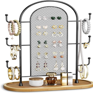 Black arched metal mesh jewellery organizer display stand with side <b>hooks</b> and wooden tray base, available at wholesale prices. - Product Image 1