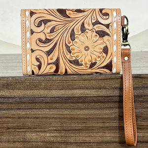 New 2026 Handcrafted Genuine Cow Leather Tooled Floral <b>Wristlet</b> Wallet for Women Western Clutch Card Holder RFID Travel Wallet - Product Image 5