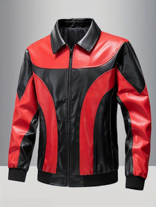 TRIBON SPORTS Men's Red Black <b>Leather</b> Bomber <b>Jacket</b> Stand Collar Zipper Closure Casual <b>Winter</b> Breathable - Product Image 2