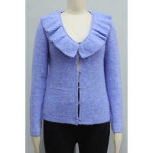 Cárdigan de Punto Azul Claro para Mujer con Cuello con Volantes, Manga Larga, Color Sólido, Cierre de Botones - Product Image 1
