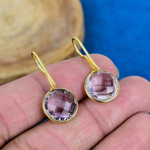 Natural Pink Amethyst Round Shape Gemstone Dangle Hook Earring 18k Gold Plated Over 925 <b>Sterling</b> <b>Silver</b> Finish - Product Image 4
