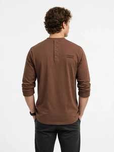 Oneten <b>Men's</b> Brown Long Sleeve <b>Henley</b> <b>Shirt</b> Casual Cotton Pocket Pullover Tee - Product Image 2