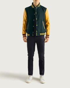 Veste universitaire en cuir vert pour homme avec manches jaunes, col rabattu, fermeture boutonnée, color block, style décontracté pour l'automne - Product Image 3