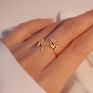 Bague florale en zircon, argent sterling 925, plaqué or 14 carats, fine et ajustable, cadeau pour elle, bijoux - Product Image 4