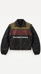 Blouson moto noir bordeaux matelassé avec manches et détails latéraux à lacets, blouson moto color block noir bordeaux olive - Product Image 1