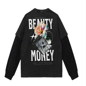 High Quality Double Layer 100% Cotton Anti-Wrinkle Regular Fit Long Sleeve T <b>Shirt</b> Streetwear Distressed Full Print <b>Y2K</b> - Product Image 1