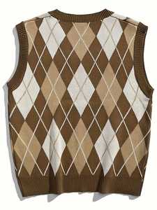 เสื้อกั๊กไหมพรมแขนกุดลายอาร์ไกล์สำหรับผู้ชาย คอวี สไตล์เรโทร พรีปปี้ แฟชั่นลำลอง เสื้อถักขายส่ง - Product Image 2