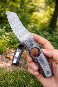 Couteau pliant artisanal en acier Damas avec manche en bois gris, étui en cuir, couteau de survie, couteau de camping, A&M Enterprises - Product Image 2