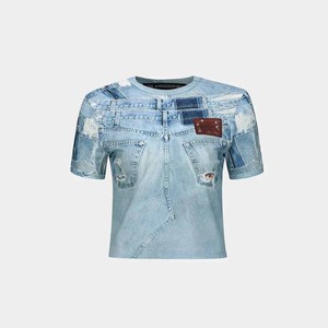 Women's Denim Crop <b>Top</b> With <b>Patchwork</b> Design O-Neck Short Sleeve Streetwear Style Spring Summer Fashion - Product Image 5