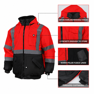 Chaqueta de Trabajo Bomber de Poliéster para Hombre con Logotipo Personalizado, Alta Visibilidad, Reflectante, Forro Polar, Capucha Desmontable y Bolsillos Utilitarios - Product Image 3