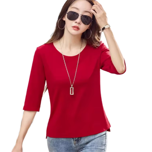 <b>Women</b> O-Neck Three Quarter Sleeve Solid Color Knitted <b>T</b>-<b>Shirt</b> <b>Red</b> Cotton Casual Spring Summer Breathable Regular Fit - Product Image 3