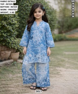 Ensemble Salwar Kameez Imprimé pour Filles, Motif Floral Bleu, Longueur au Sol, Tenue Traditionnelle, Modèle 3050, Tailles 26 28 30 32 34 36, Toutes Saisons - Product Image 1