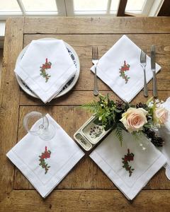 Serviette en tissu de coton personnalisée bougie brodée houx Noël dîner serviette ourlet serviettes de table maison hôtel vacances - Product Image 5