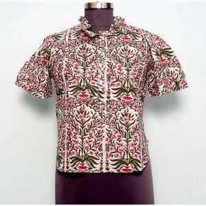 เสื้อคลุมผู้หญิง-สไตล์วินเทจเกาหลี ลายดอกไม้ ผ้าฝ้าย 100% เป็นมิตรกับสิ่งแวดล้อม ระบายอากาศได้ดี แขนพอง คอวี ทันสมัย ใส่ได้ทุกฤดู - Product Image 1