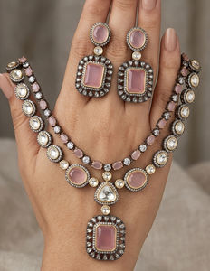 Conjunto de Joyería Nupcial India, Collar y Aretes de Latón Plateado con Circonitas, Tono Oro Rosa, para Bodas y Fiestas - Product Image 2