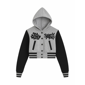 Blouson universitaire classique pour femme 'Still Woozy Saint Mercy' – Modèle hiver gris et noir à capuche pour le streetwear - Product Image 1