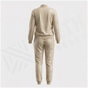 Ensemble de survêtement beige pour femmes, manches longues, fermeture éclair sur le devant, pantalon de jogging uni avec poches latérales, tenue d'automne - Product Image 2