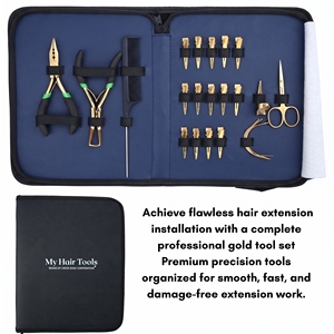 Kit professionnel d'application d'extensions capillaires : Pinces à micro-anneaux, Aiguilles à fil, Pinces de sectionnement, Peigne à separer les mèches, Ciseaux - Product Image 2