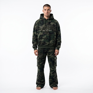 <b>Mens</b> <b>Camo</b> Tracksuit Set Hoodie <b>Cargo</b> Pants Rhinestone Leaf Detail Custom Streetwear Sportswear Matching Outfit - Product Image 3