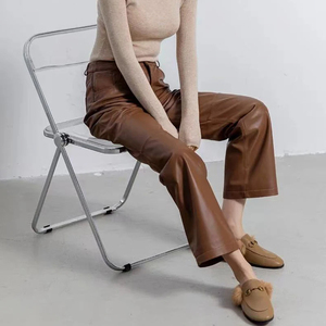 High End Genuine Leather Pants for Women 100% Sheepskin Straight Style Leg Casual Long Trousers Jeans Style Fit Pantalon Fashion - Product Image 1