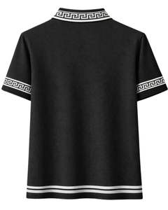 Polo personnalisé noir pour homme en mélange de coton, décontracté, à manches courtes, idéal pour l'été, avec col, poignets et ourlet contrastants à motif grec. - Product Image 5